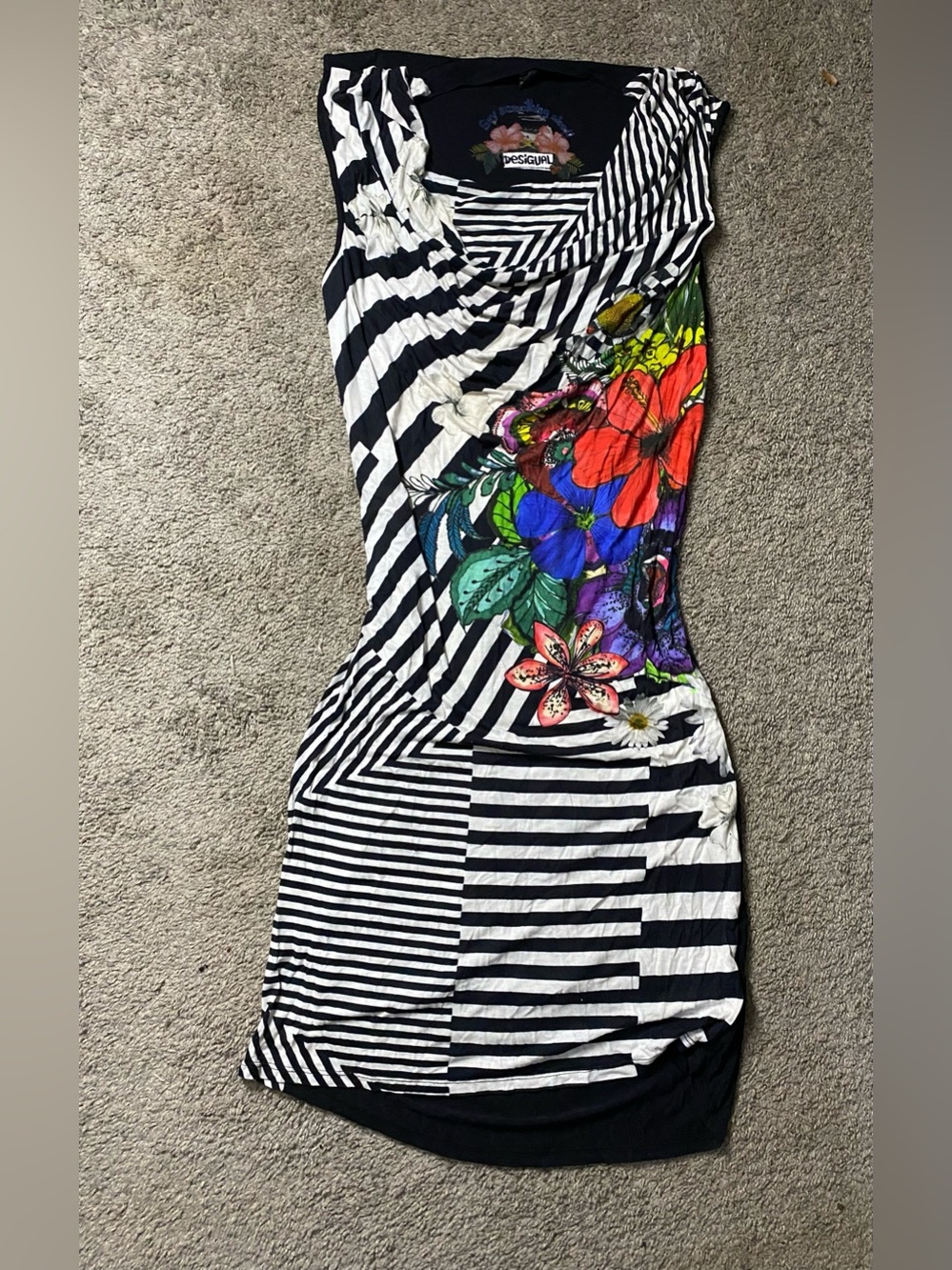 Desigual Black & White Striped Midi Dress with Multicolor Floral Accents